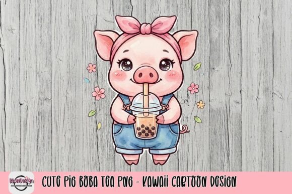 Adorable Kawaii Design: The Cute Pig Boba Tea PNG